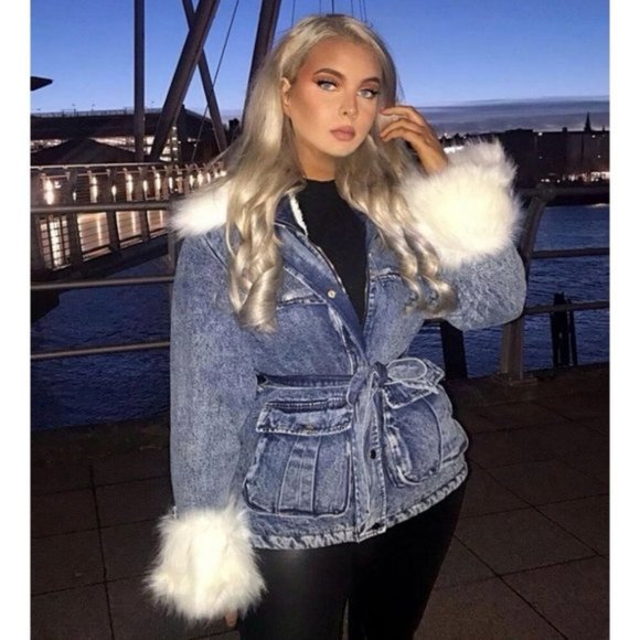 Long Sleeve Shearling Lined Faux Fur Collar and Cuff Denim Jeans Jacket - Picture 4 of 12